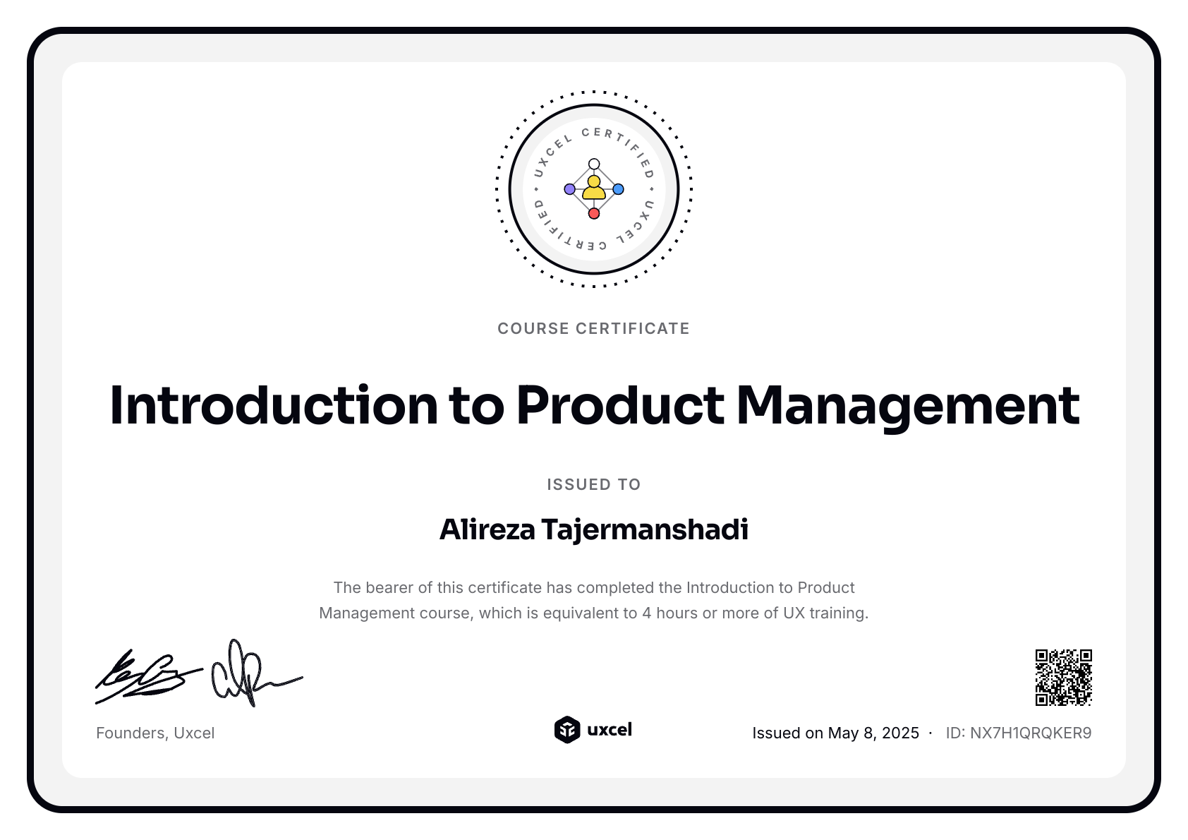 Ali Tajer's certificate